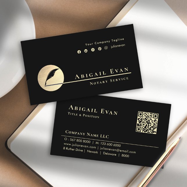 Minimaler Notar Service für Schwarz-und-Gold-Feath Visitenkarte (Minimal Black and Gold Feather Logo Notary Service Business Card)