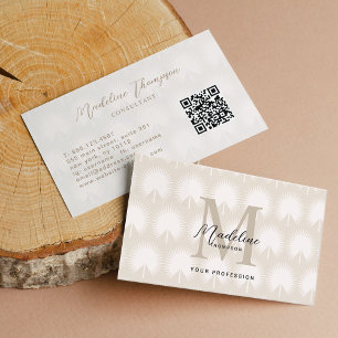 Minimaler QR-Code Beige Anahaw Leaf-Script-Monogra Visitenkarte