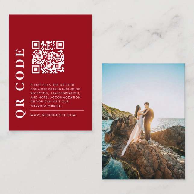 Minimaler QR-Code Rot und Weiß-Hochzeitdetails-Fot Begleitkarte (Vorne/Hinten)