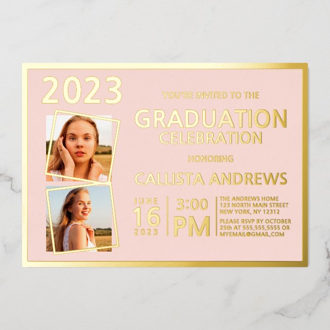 Minimaler Real Gold Foil Rahmen Foto Abschluss Folieneinladung (Vorderseite)