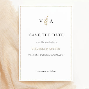 Minimaler Schwarz-weiß   Leaf Gold Border Wedding Save The Date