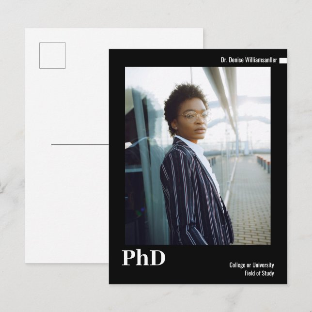 Minimaler Schwarz-weißer PhD-Abschluss im Foto Ankündigungspostkarte (Vorne/Hinten)