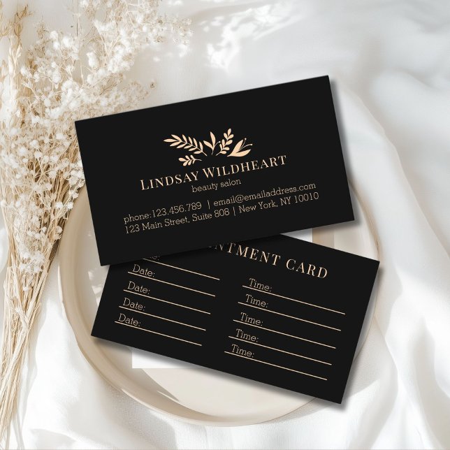Minimaler schwarzer botanischer Salon Terminkarte (Custom Minimal Black Botanical Salon Appointment Card)