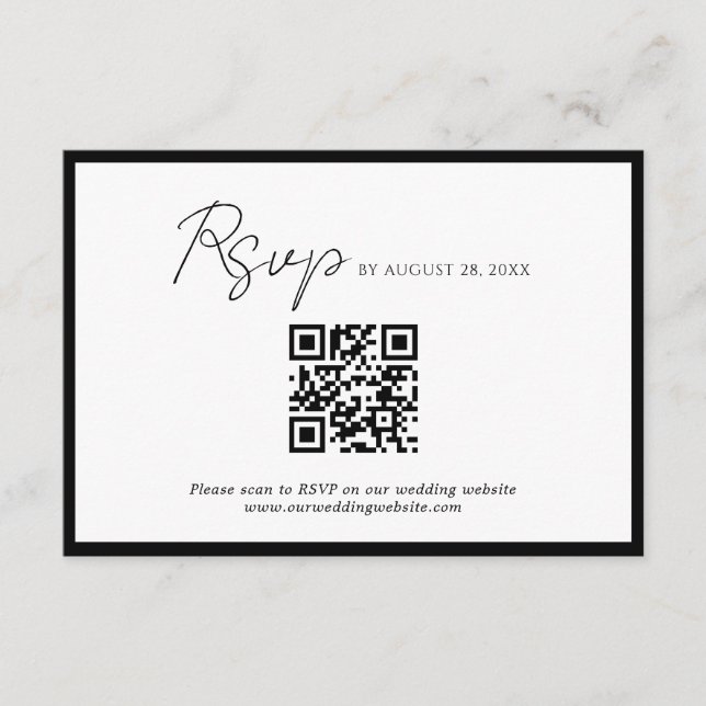 Minimaler Script Black Border QR Code Hochzeit Rsv Begleitkarte (Vorderseite)