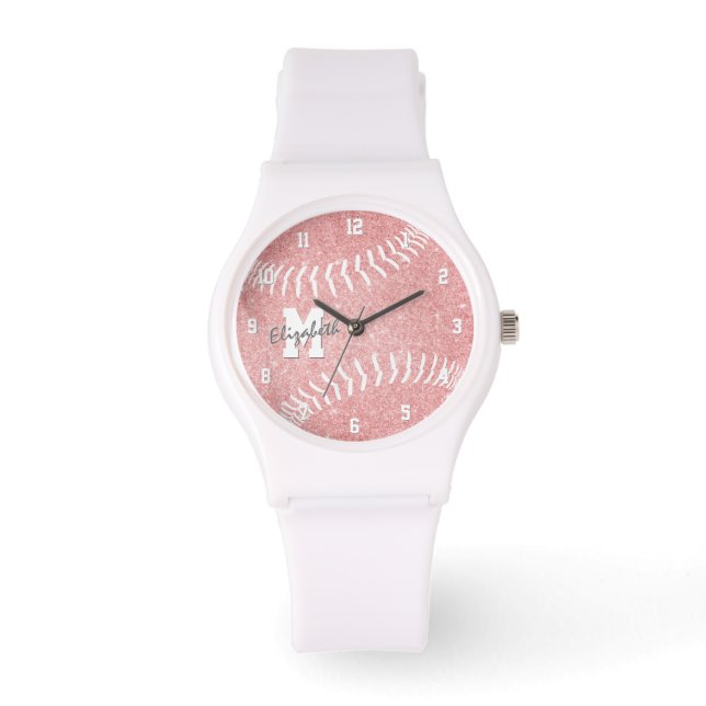 Minimaler Sport gürtelrosa mit Monogramm Softball Armbanduhr (Vorderseite)