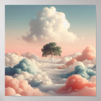 Minimaler surrealer Baum über weichen Pastellwolke