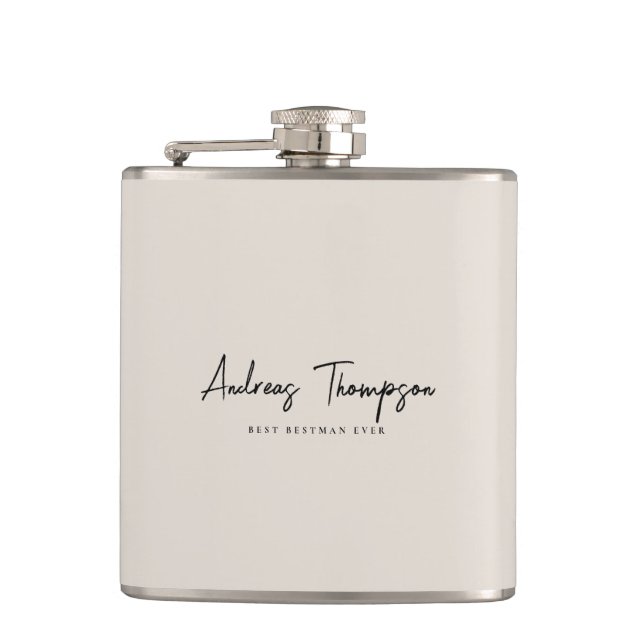 Minimaler Trauzeuge Trauzeuge Beige Sand Script Flachmann (Vorderseite)