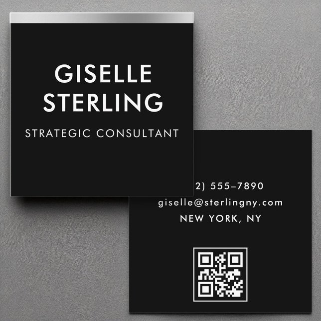 Minimaler Typografie Black Silver Luxury QR Code Quadratische Visitenkarte (Von Creator hochgeladen)