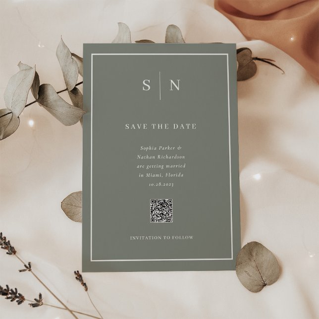 Minimaler und chic Sage Green QR-Code Save the Dat Magneteinladung (A sage green magnetic save the date card, with scannable QR code)