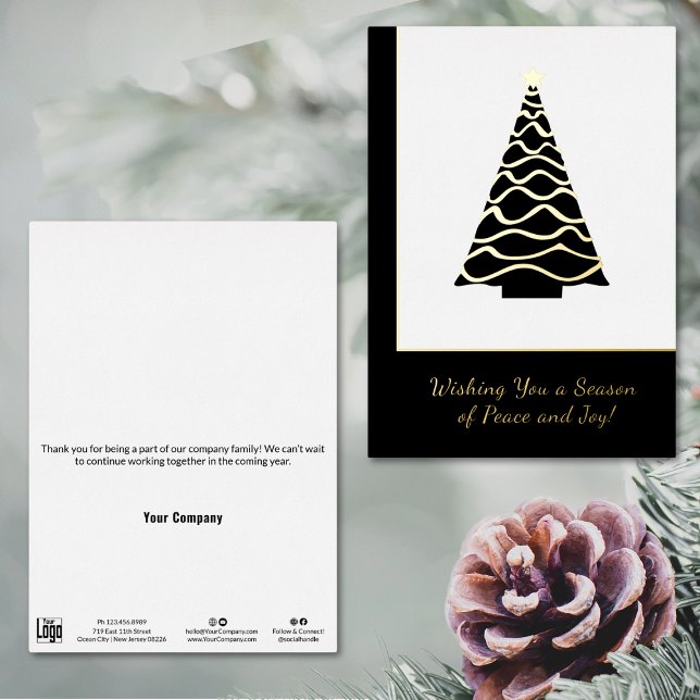 Minimaler Weihnachtsbaum Foil Business-Urlaubskart Folieneinladung (Minimal Christmas Tree Foil Business Holiday Card, Black and White, Logo, Contact, Social)