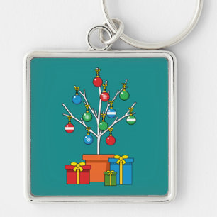 Minimaler Weihnachtsbaum mit Geschenken Schlüsselanhänger
