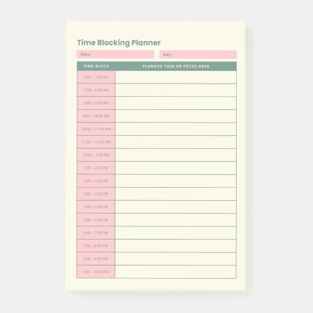 Minimaler Zeitblockplaner Pink Layout Post-it Klebezettel (Vorderseite)