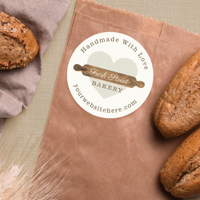 Minimales Button-Bäckerei-Logo aus Holz Runder Aufkleber (Minimal Wooden Rolling Pin Bakery Logo Classic Round Sticker)