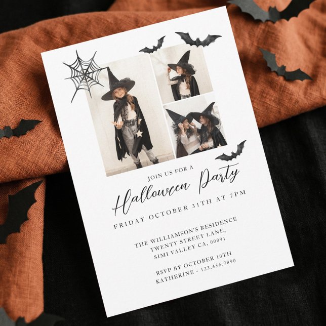 Minimales Drei-Foto-Spooky-Fledermäuse Halloween-P Einladung (Minimalist Kid Photo Spooky Bat Halloween Party Invitation)