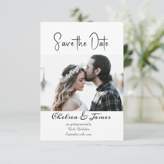 Minimales Elegantes Kalligrafie-Foto Save the Date (Stehend Vorderseite)