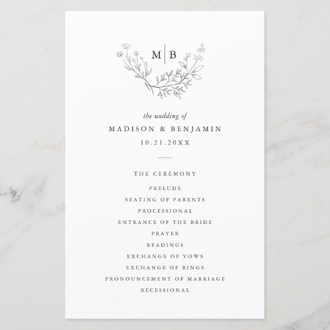 Minimales formales Monogramm-Hochzeitsprogramm (Vorderseite)