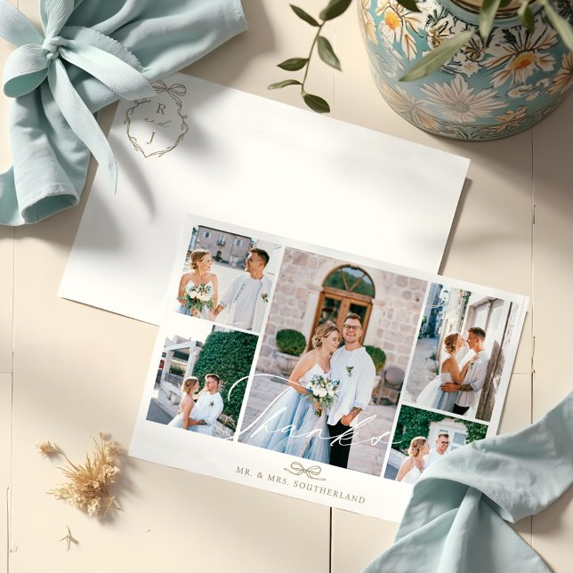 Minimales Foto Collage Script Wedding Bow Monogram Dankeskarte (Minimal Photo Collage Script Wedding Bow Monogram Thank You Card)