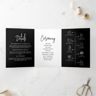 Minimales Hochzeitsprogramm Schwarz/Weiß Elegant Dreifach-gefaltete Programmkarte