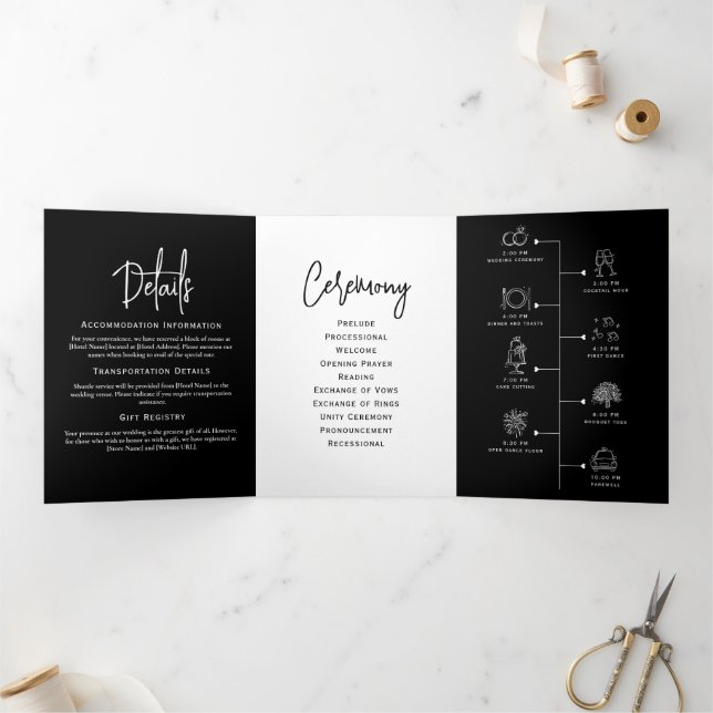 Minimales Hochzeitsprogramm Schwarz/Weiß Elegant Dreifach-gefaltete Programmkarte (Innenseite)