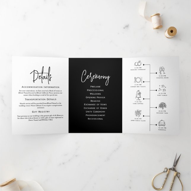 Minimales Hochzeitsprogramm Schwarz/Weiß Elegant Dreifach-gefaltete Programmkarte (Innenseite)