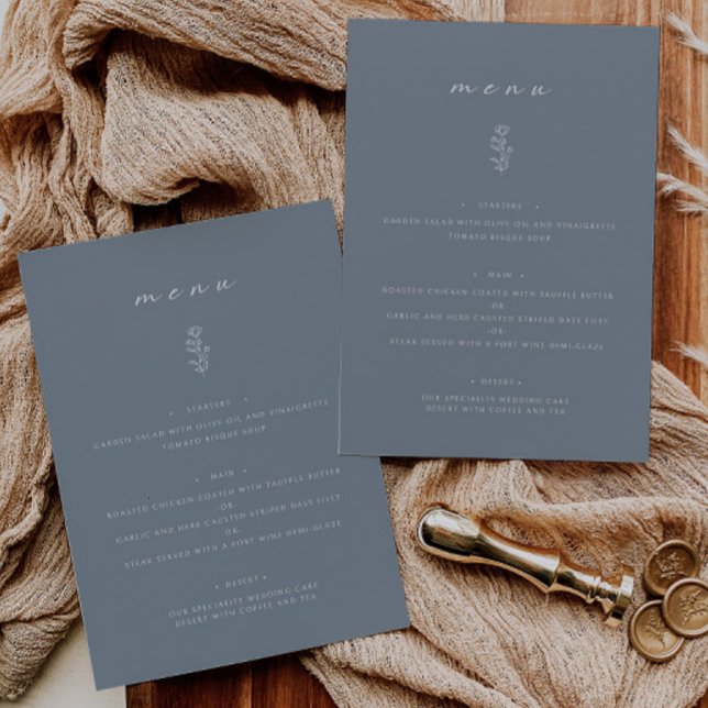 Minimales Leaf Dusty Blue Wedding Dinner Flat Menu Menükarte (Von Creator hochgeladen)