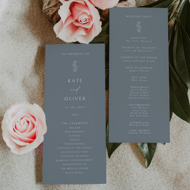 Minimales Leaf Dusty Blue Wedding Programm (Von Creator hochgeladen)