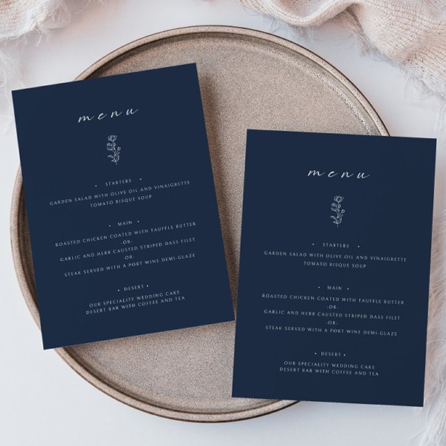 Minimales leaf Navy Blue Wedding Dinner Flat Menu Menükarte (Von Creator hochgeladen)