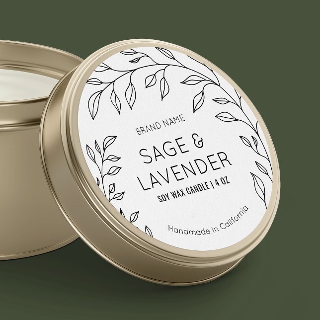 Minimales modernes botanisches Schwarz-weißes Prod Runder Aufkleber (Modern greenery round product label with fully editable text & colors - great for jar or tin lids)