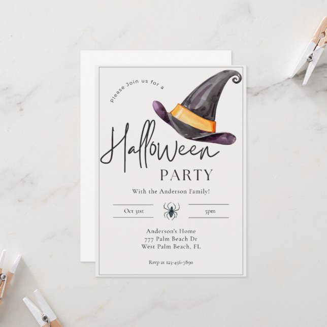 Minimales modernes Hexenhut-Halloween-Party Einladung (Vorderseite/Rückseite Beispiel)