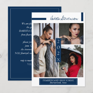 Minimales Navy Blue und White Abschluss Foto Einladung