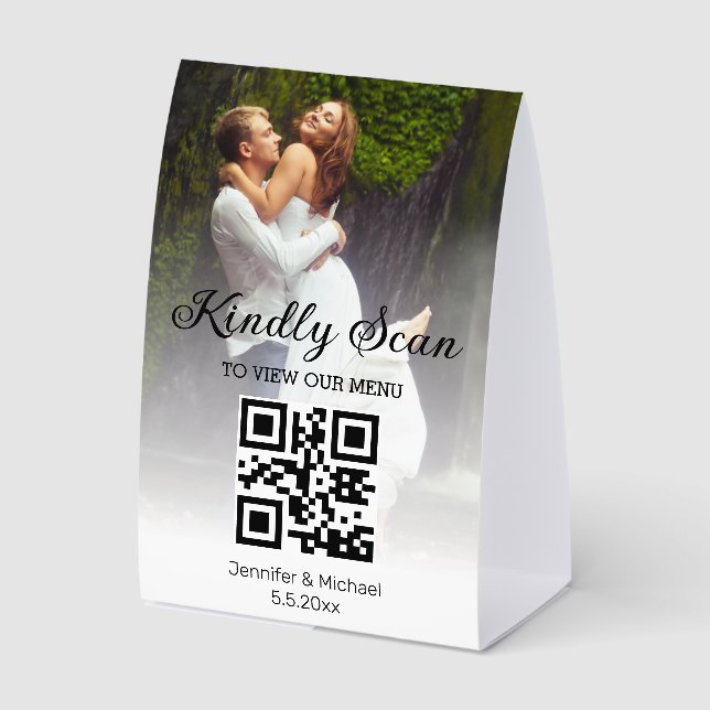 minimales trendy qr Code Hochzeitsmenü Foto Tischaufsteller (Vorderseite)