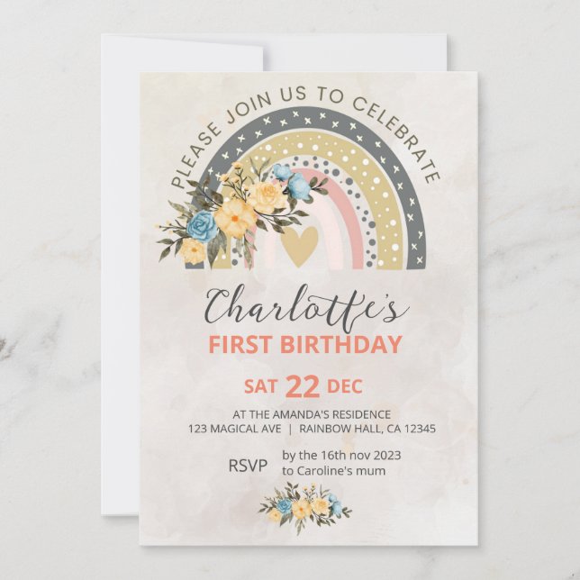 Minimali Pompas Grass Retro Rainbow Boho Birthday Einladung (Vorderseite)