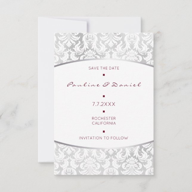 Minimalismus Save the Date Silver Red Damask (Vorderseite)