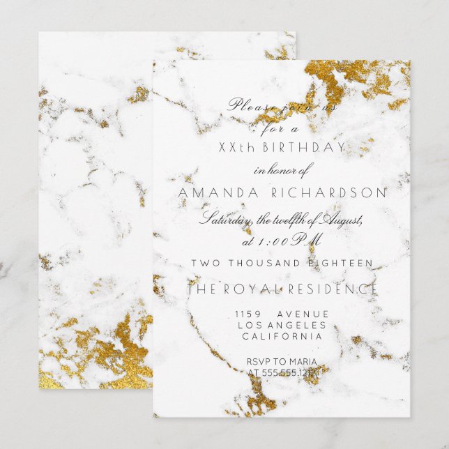 Minimalismus White Carrara Marble Gold Geburtstag Einladung (Vorne/Hinten)