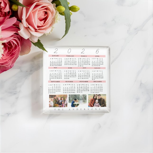Minimalist 2026 Multi Photo Calendar  Keepsake Glasuntersetzer (2026 Multi Photo Family Calendar Glass Coaster | Personalized Custom Photo Keepsake)