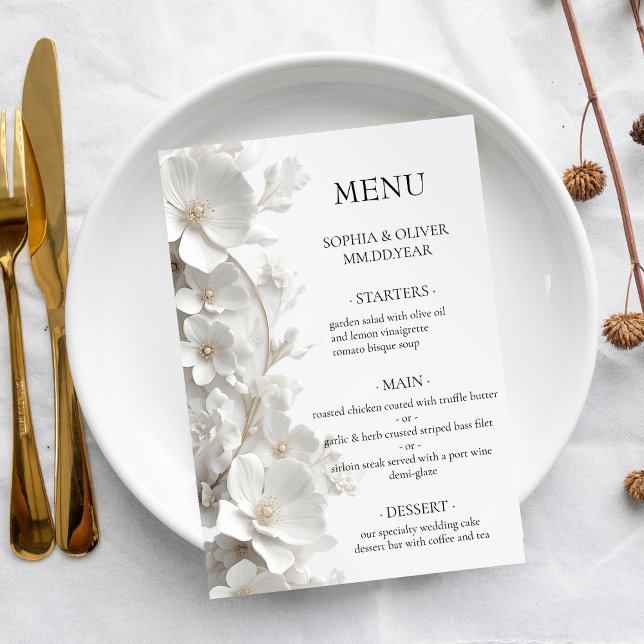 Minimalist 3D White Floral  Luxury Elegant Wedding Menükarte (Von Creator hochgeladen)