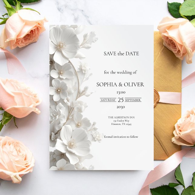 Minimalist 3D White Floral Luxury  Save the Date (Von Creator hochgeladen)