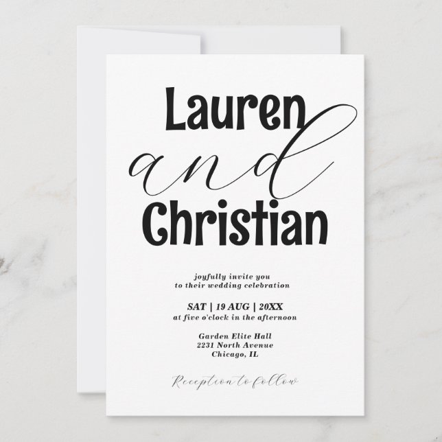 Minimalist Accented Names Wedding  Einladung (Vorderseite)