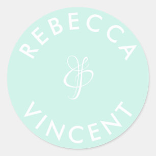 Minimalist Aqua Grün Hochzeit Personalisierte Name Runder Aufkleber
