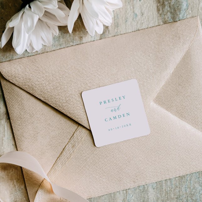 Minimalist Aqua Wedding Seals Modern Calligraphy Quadratischer Aufkleber (Von Creator hochgeladen)