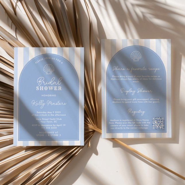 Minimalist Arch Blue & White Beachy Bridal Shower Einladung (Simple blue and white seashell beach bridal shower double-sided invitation with QR code)
