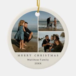 Minimalist Beige Familienfoto-Collage Weihnachten Keramik Ornament