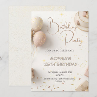 Minimalist Beige & Gold Birthday Party Design  Einladung