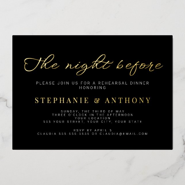 Minimalist Black and Gold The Night Before Wedding Folieneinladung (Vorderseite)