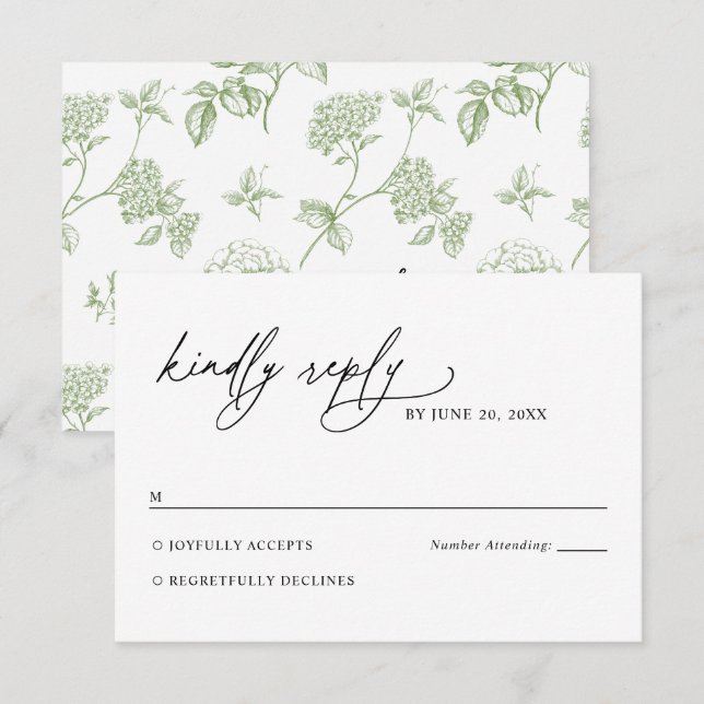 Minimalist Black and White Green Wedding RSVP Card (Vorne/Hinten)