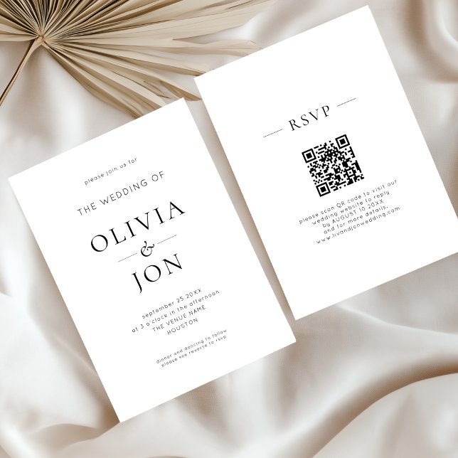 Minimalist Black and White QR Code Wedding Einladung (Front and back)