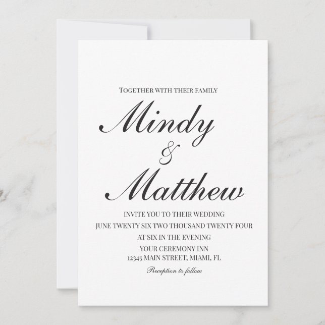 Minimalist Black and White Script Wedding Einladung (Vorderseite)