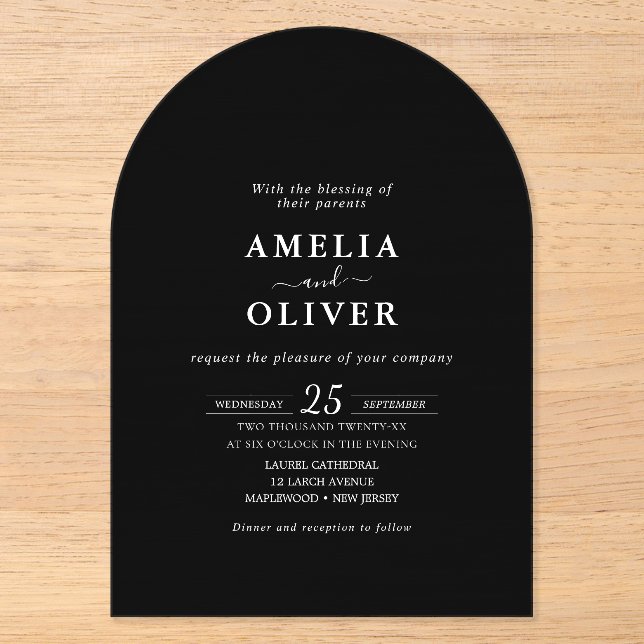 Minimalist Black Arch Elegant Wedding Invitation Acryleinladungen (Vorderseite)