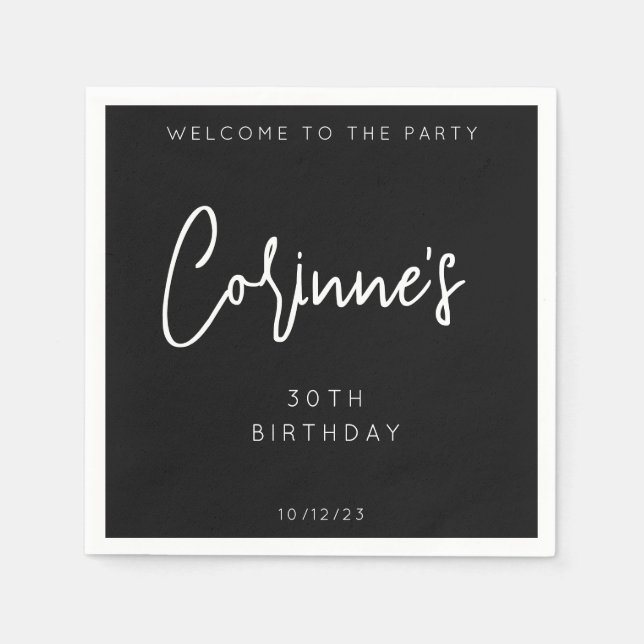 Minimalist Black Calligraphic 30th Birthday Party Serviette (Vorderseite)