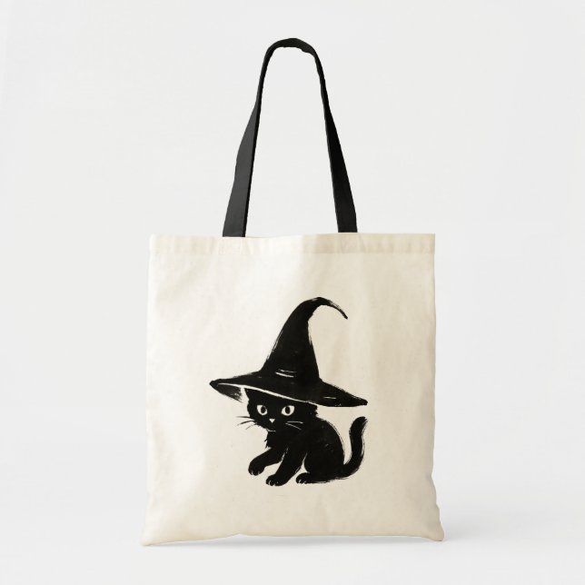Minimalist Black Cat with Witch Hat Design on  Tragetasche (Vorne)